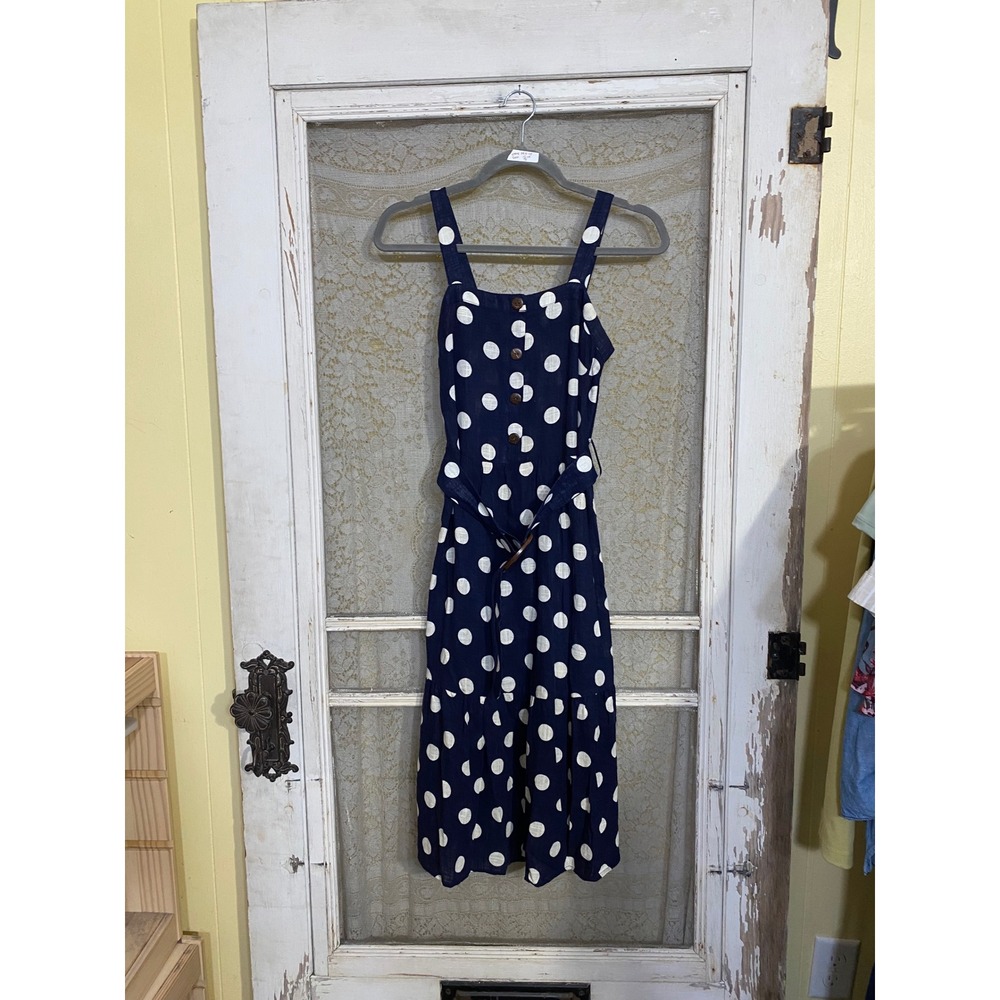 Monteau Los Angeles Navy Polka Dot Button Front Belted Midi Dress XS